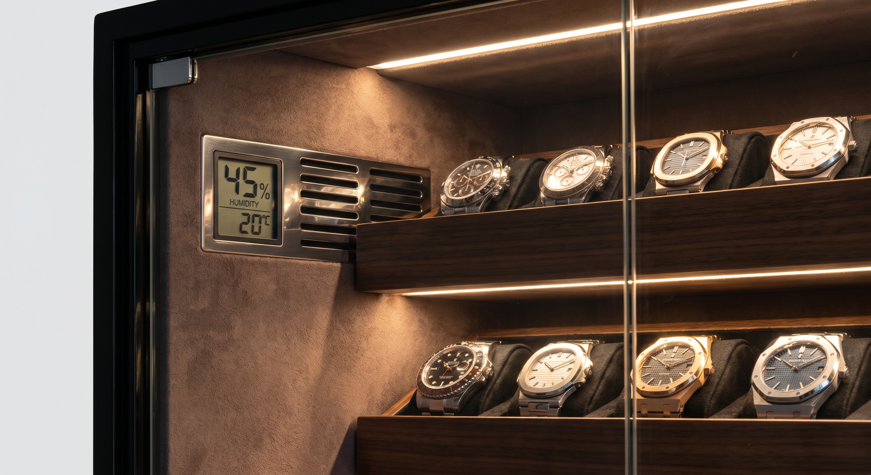 The interior of a watch safe showing a hygrometer displaying 45 percent humidity and 20 degrees Celsius