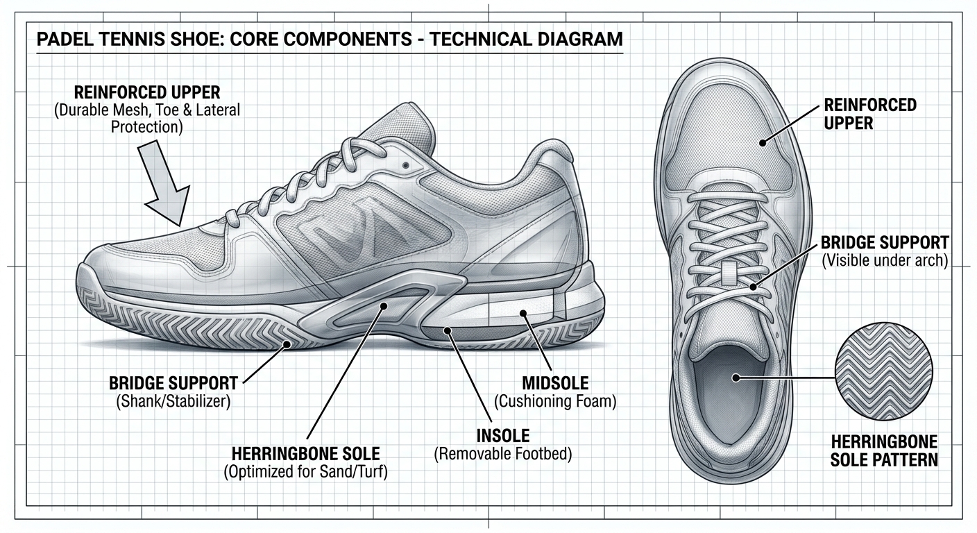 A technical diagram showing the core components of a padel tennis shoe, including the reinforced upper, bridge support, and herringbone sole pattern.