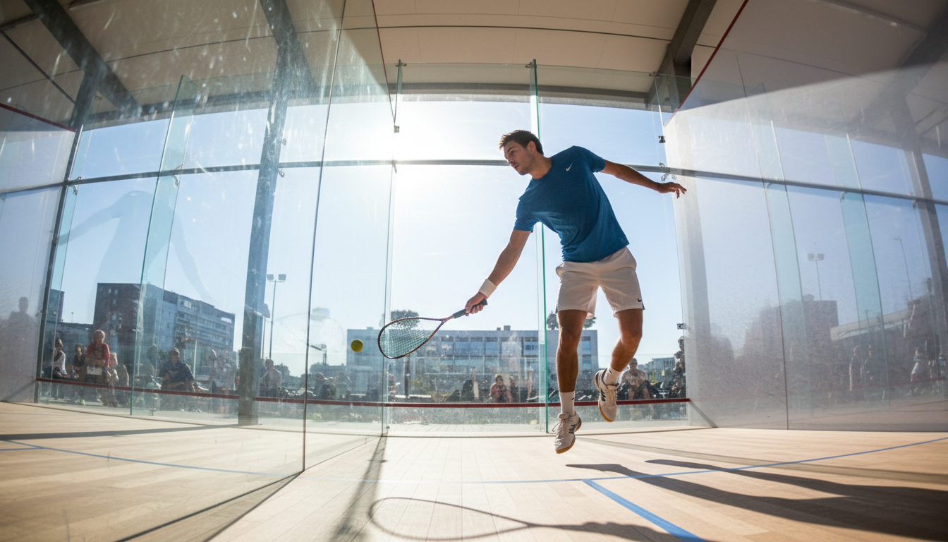 A wide-angle shot showing a player positioned near the back glass, successfully returning a difficult ball by hitting it against their own glass wall.