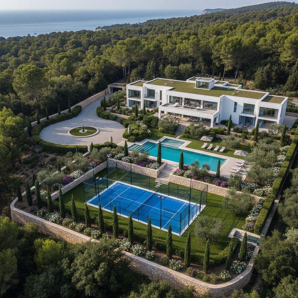 aerial view luxury villa padel court