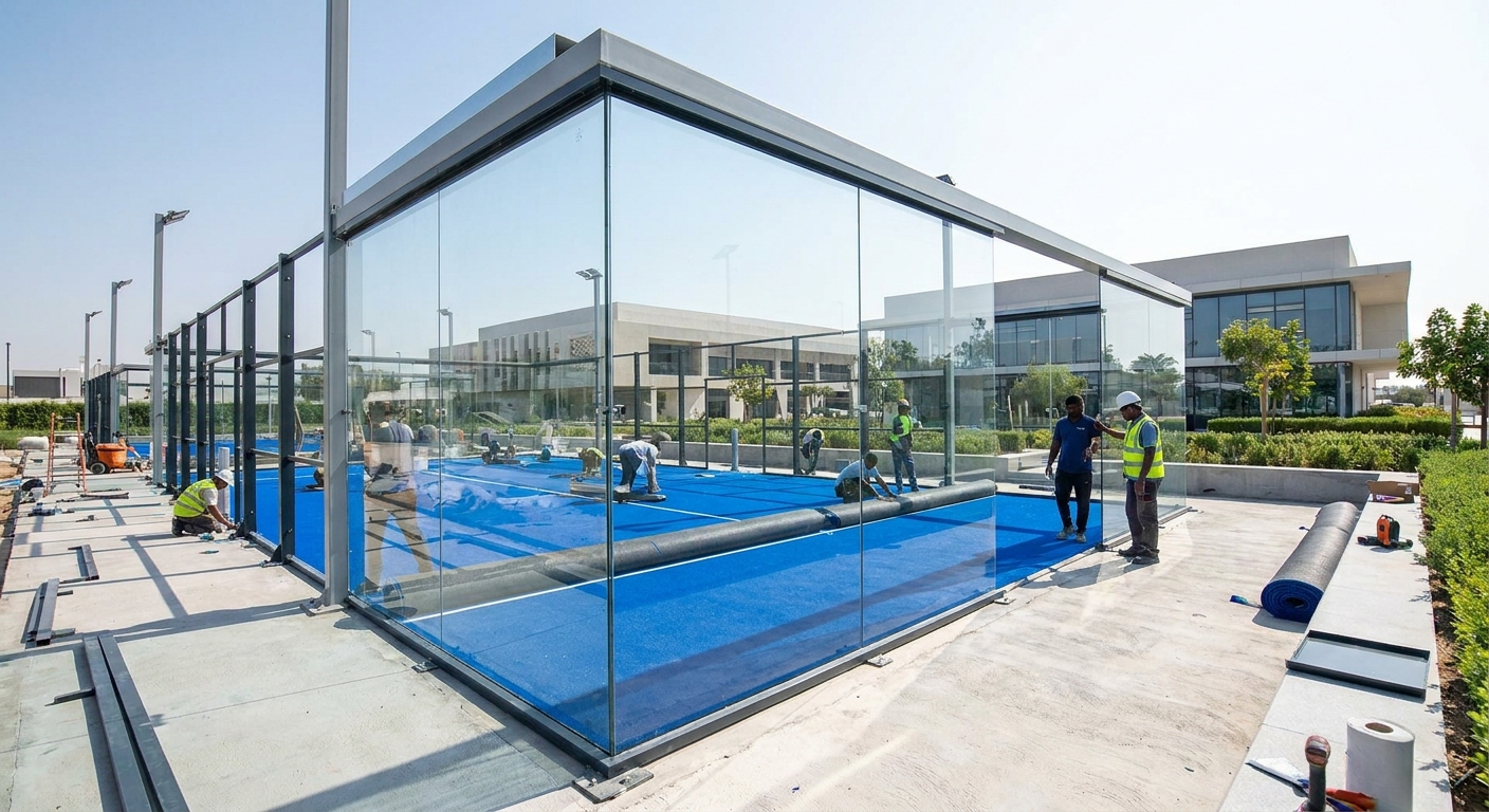Progress shot of two padel courts being installed with workers rolling out blue turf