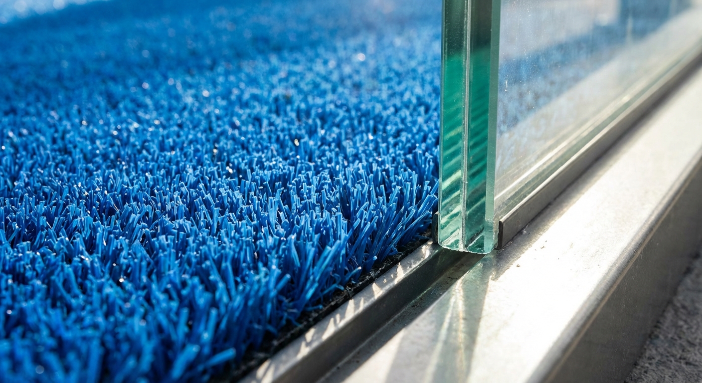 Padel court turf and glass closeup